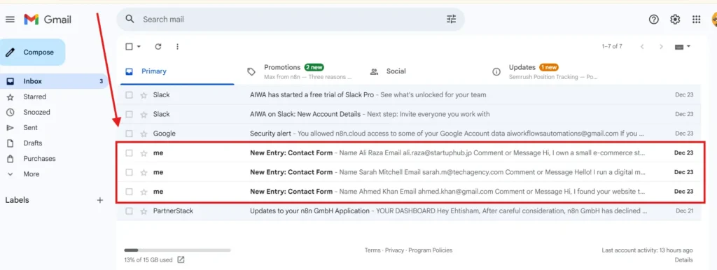 Gmail inbox showing three contact form email submissions ready for AI classification in n8n workflow