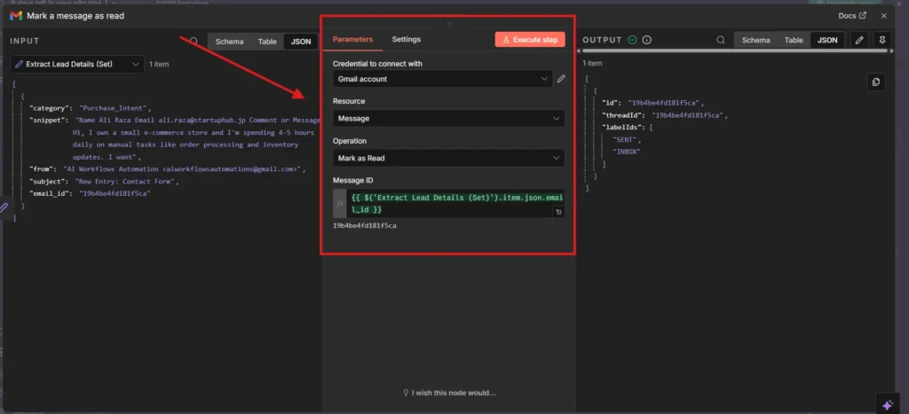 Gmail node in n8n marking processed lead email as read to prevent duplicate notifications