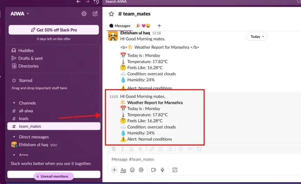 10 weather alert recevied on slack