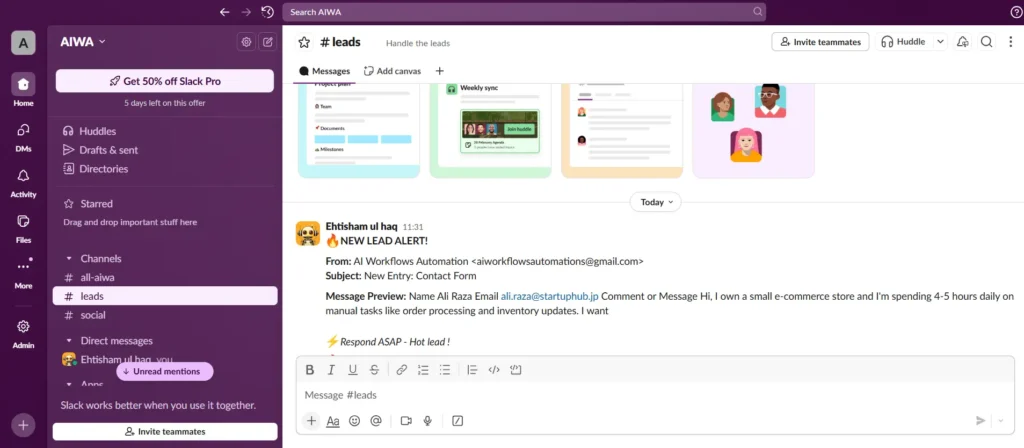 Slack channel showing new lead alert notification with contact form details from n8n automation