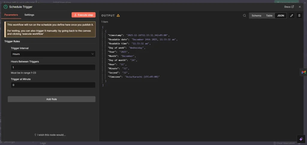 n8n schedule trigger node configured to run workflow every hour for automated email checking