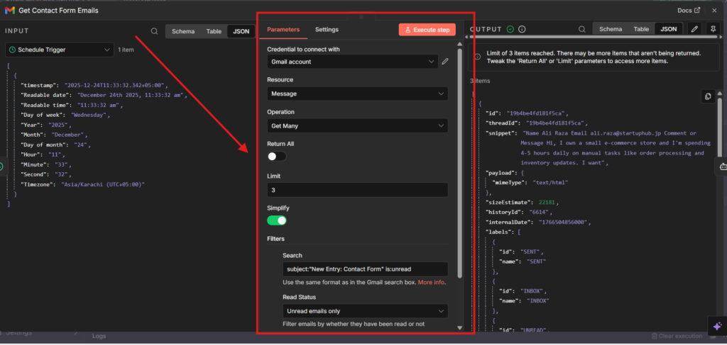 Gmail node in n8n configured to fetch unread contact form emails using search query filter