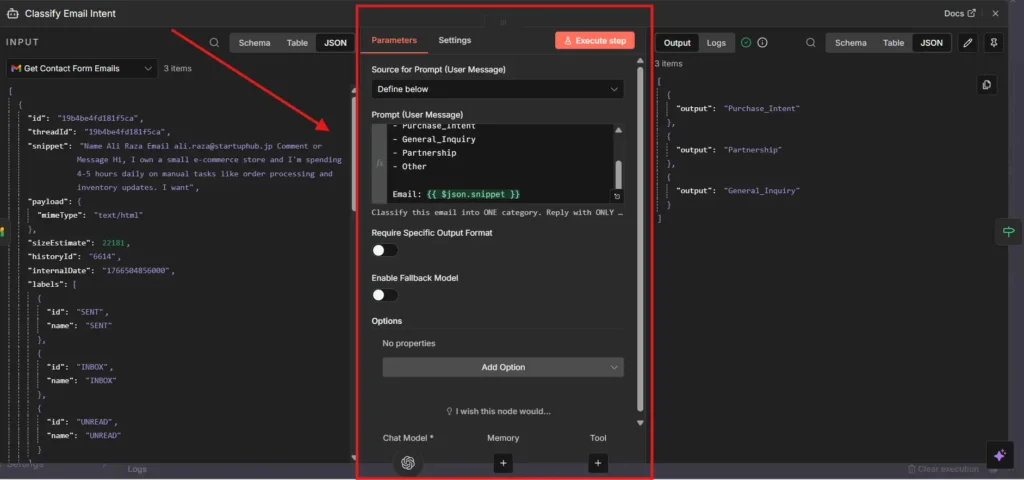 AI Agent node in n8n classifying emails into Purchase Intent, General Inquiry, Partnership categories