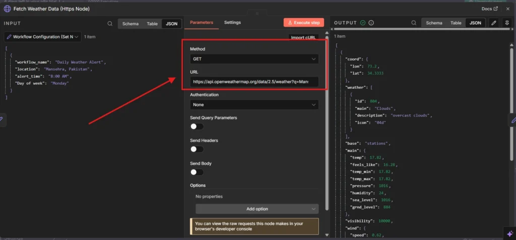 5 HTTP Node Grabing weather data using api