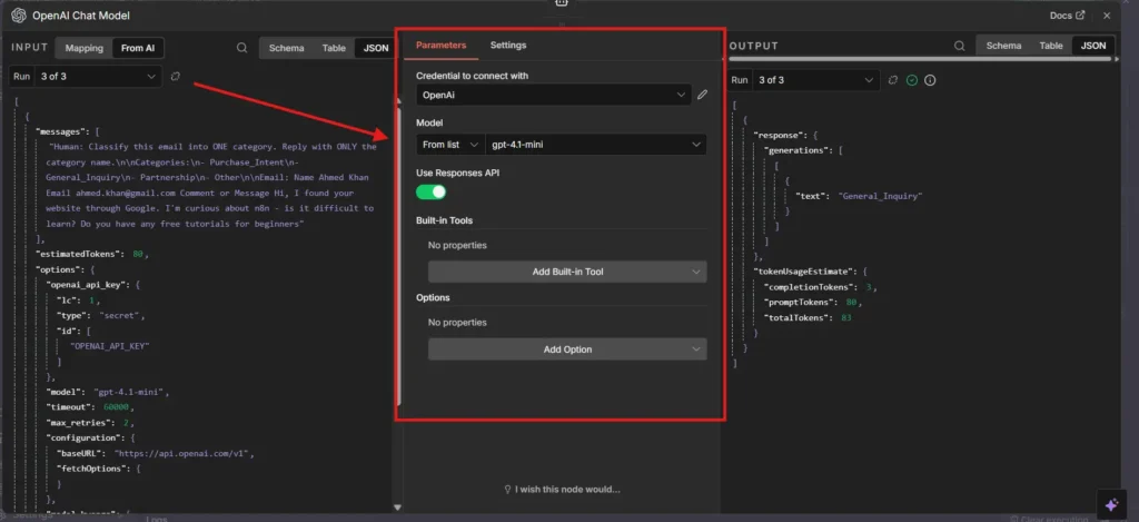 OpenAI Chat Model node configured with gpt-4.1-mini for email intent classification in n8n
