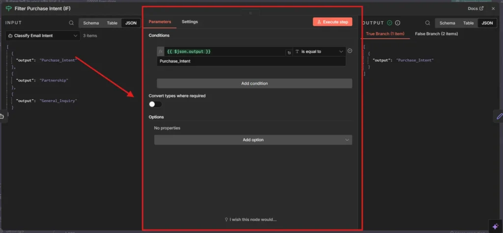 IF node in n8n filtering only Purchase Intent emails from AI classification output