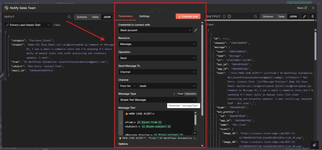 Slack node in n8n configured to send new lead alert message to sales team channel