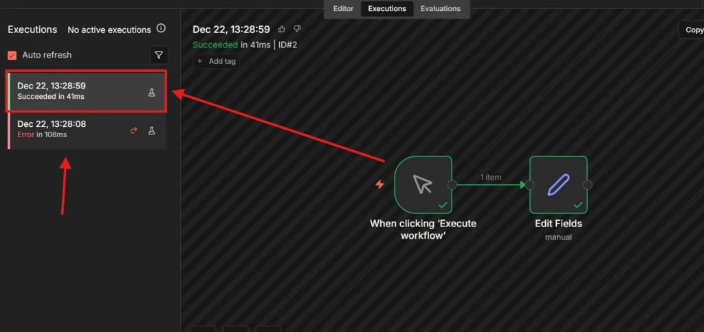 Executions panel showing successful run with data