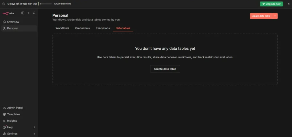 n8n dashboard with navigation sidebar visible
