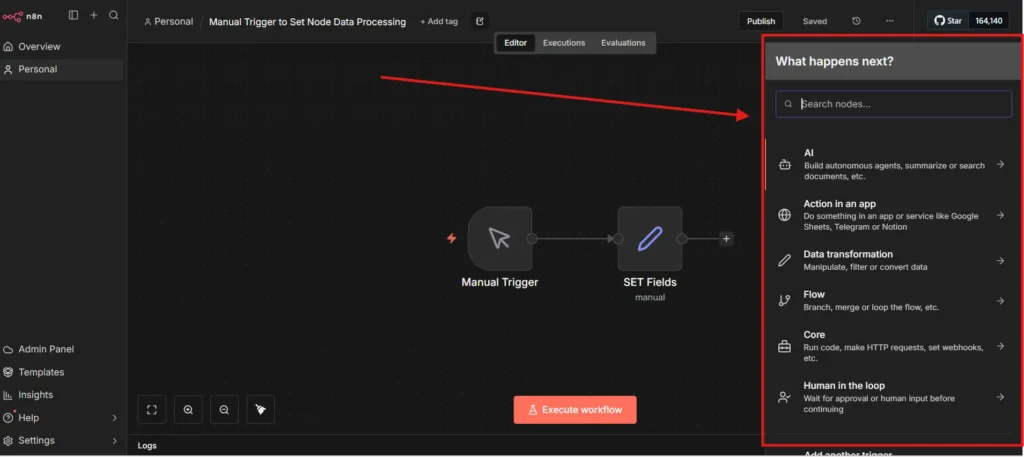 Alt text: n8n node selection panel with search bar and categorized nodes