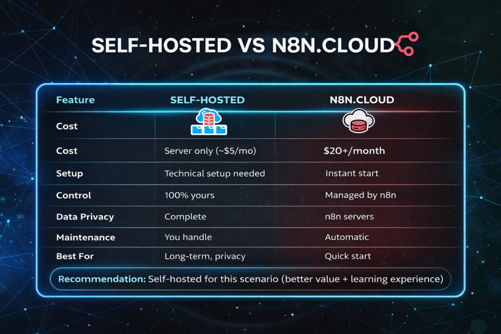 n8n setup guide comparison self-hosted vs cloud