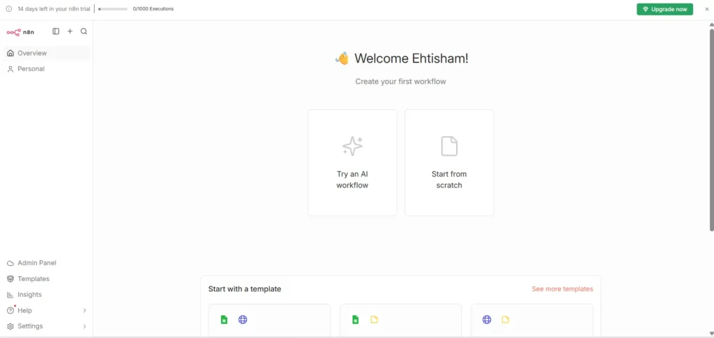 n8n.cloud dashboard after login