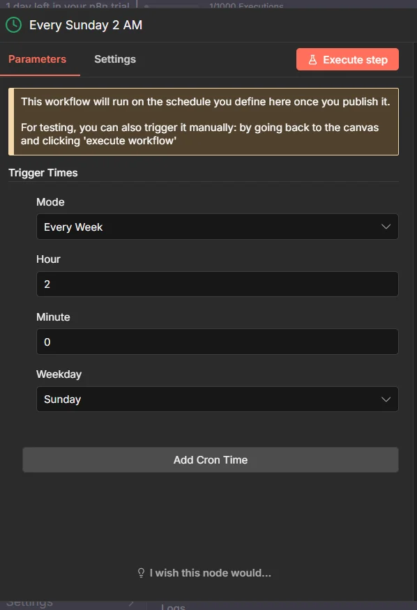 n8n Schedule Trigger configured for weekly execution every Sunday at 2:00 AM using simple dropdown menus