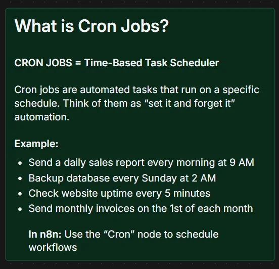 Sticky note explaining cron jobs as time-based task schedulers in n8n with real-world examples