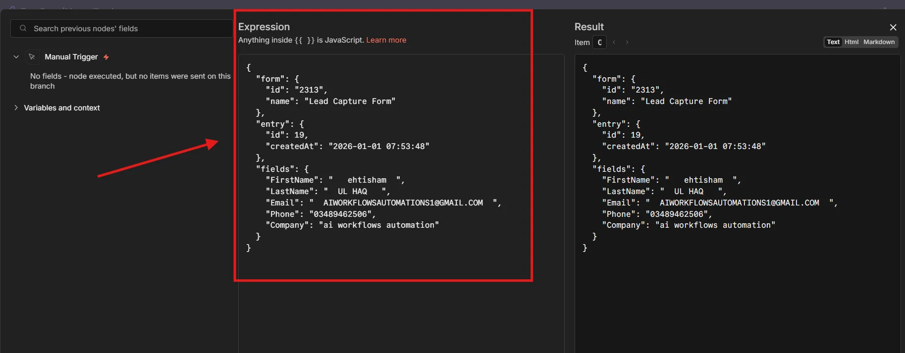 n8n Set node configuration showing messy contact form data with extra spaces, uppercase text, and missing phone formatting