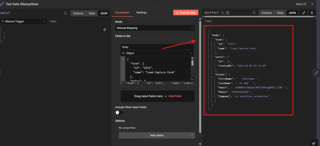n8n node output displaying raw messy data before transformation including extra whitespace and inconsistent capitalization