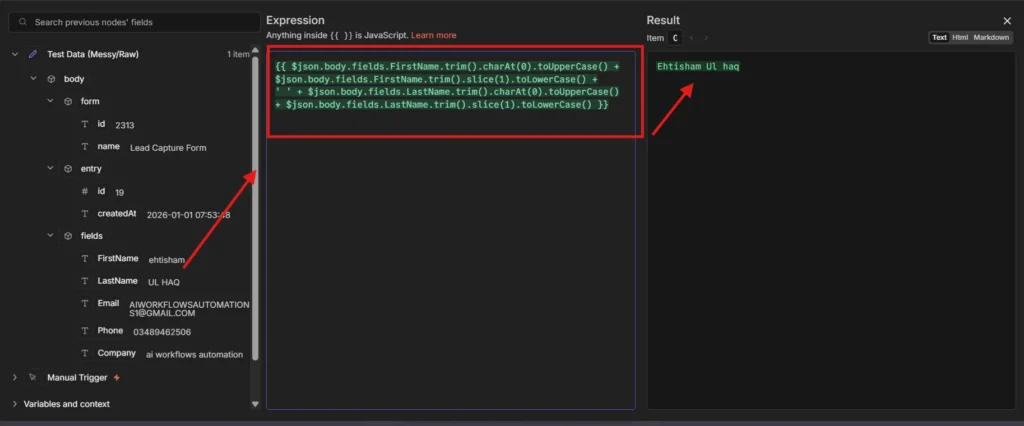 n8n expression editor showing JavaScript expression to trim spaces and capitalize names using charAt and toLowerCase methods