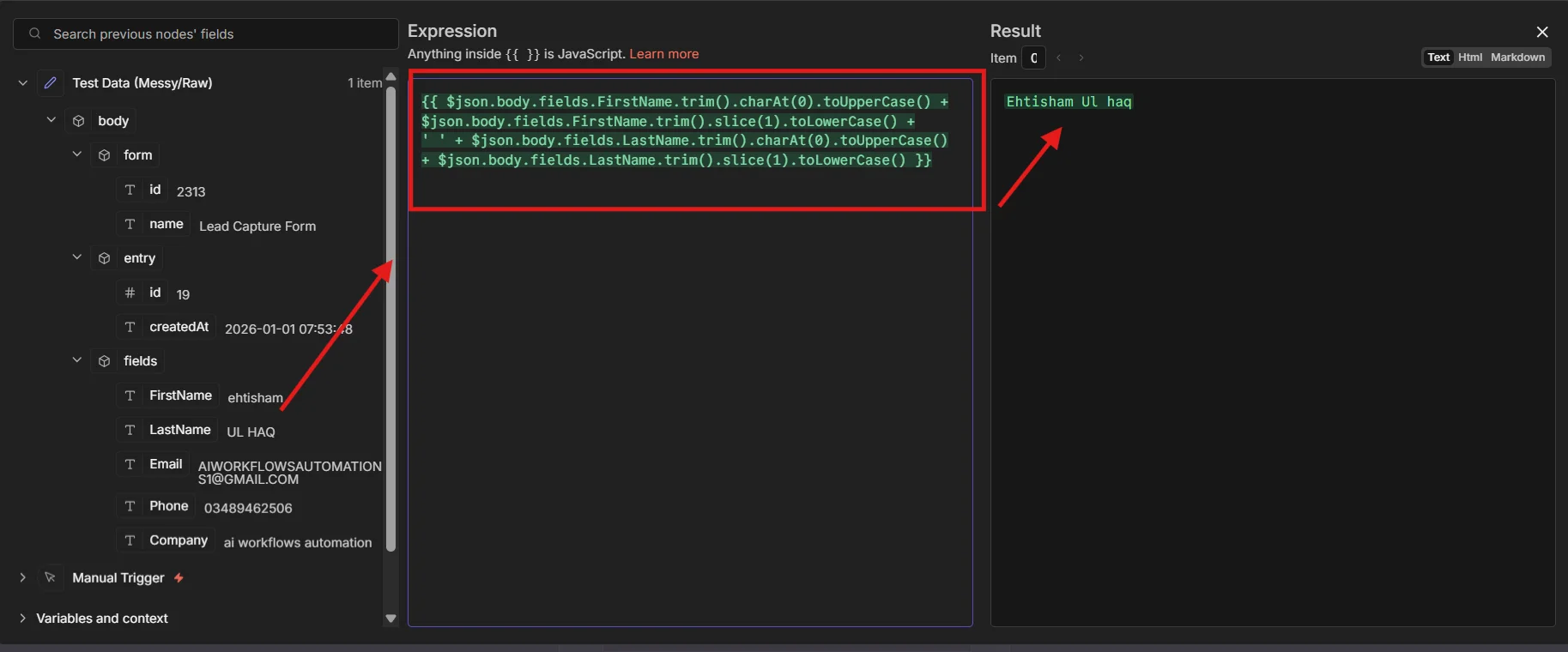 n8n expression editor showing JavaScript expression to trim spaces and capitalize names using charAt and toLowerCase methods