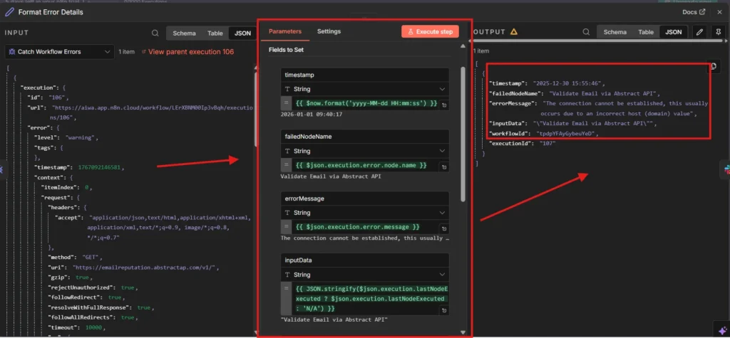 n8n Set node configuration showing six field assignments for extracting error data including timestamp, failedNodeName, errorMessage, inputData, workflowId, and executionId