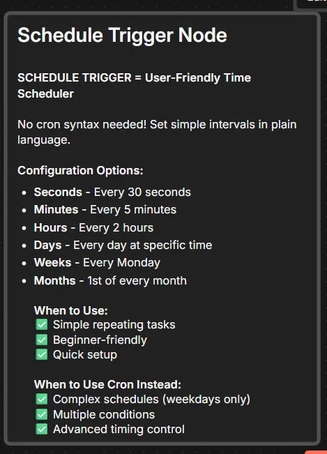 Schedule Trigger node explanation showing simple interval options without cron syntax for beginner-friendly scheduling