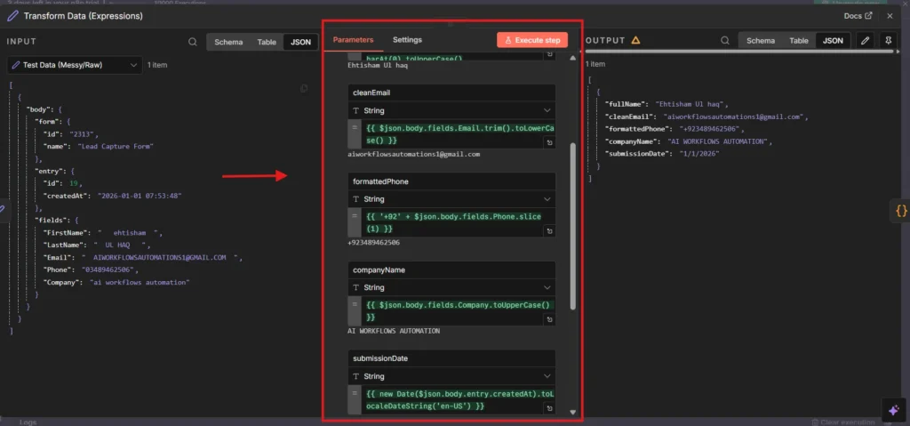 n8n Set node showing five configured expressions for cleaning name, email, phone, company, and date fields
