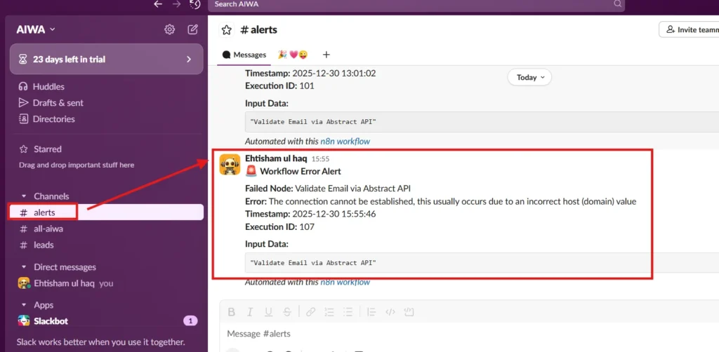 Slack notification message showing workflow error alert with failed node name, error description, timestamp, execution ID, and input data sent from n8n Error Logger workflow