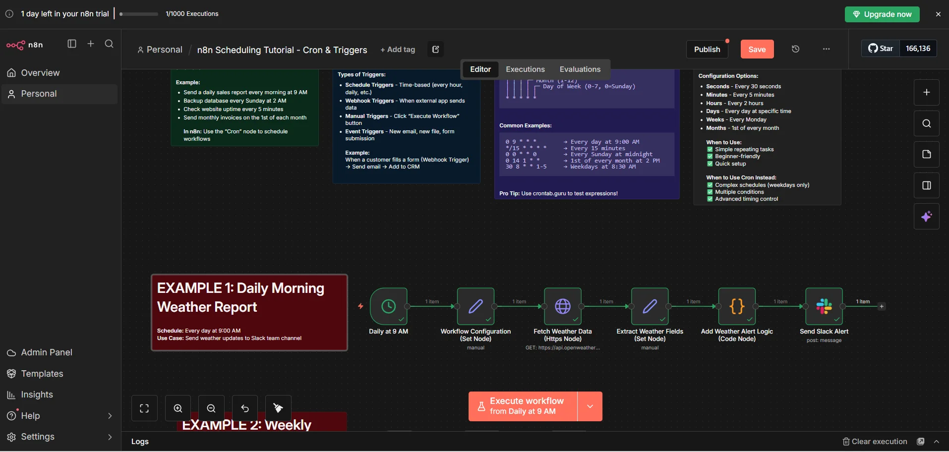 Complete n8n workflow automating daily weather reports from API to Slack channel at 9 AM