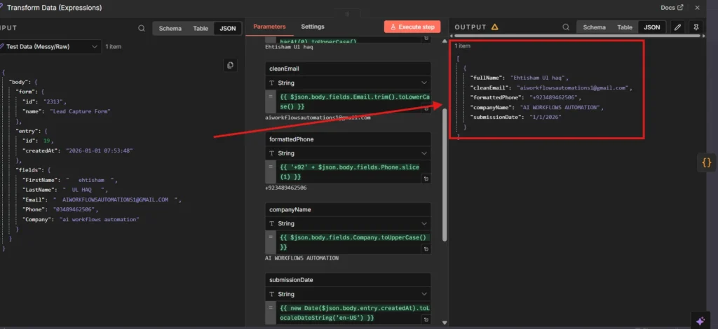 Clean formatted data output showing properly capitalized names, lowercase email, formatted phone number after n8n expression transformation