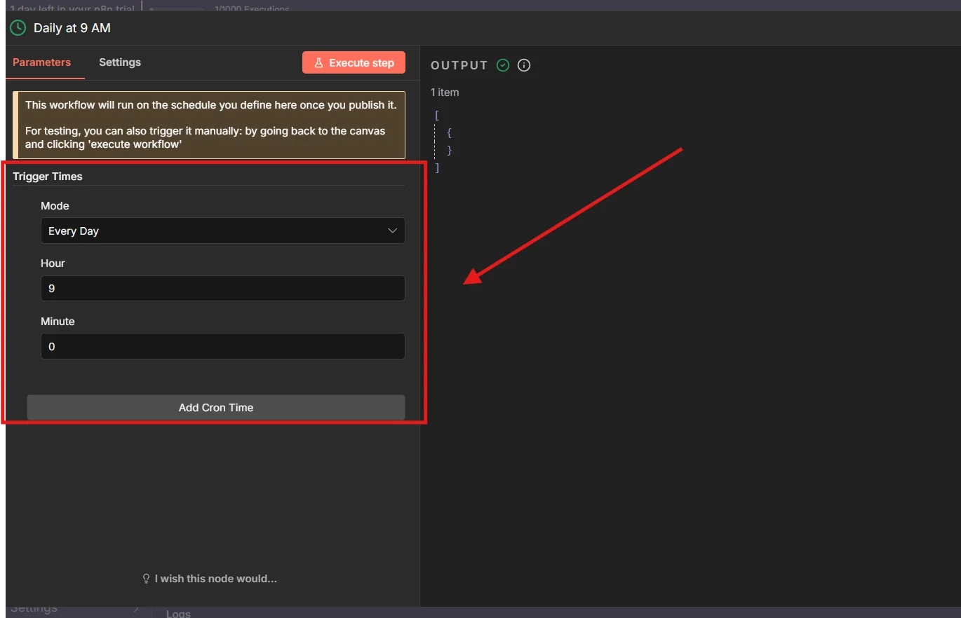 n8n cron node settings panel configured with Every Day mode for 9:00 AM daily execution