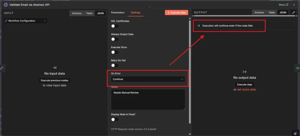 n8n node settings panel showing Continue on Fail toggle enabled with message "Execution will continue even if the node fails" and On Error dropdown set to Continue