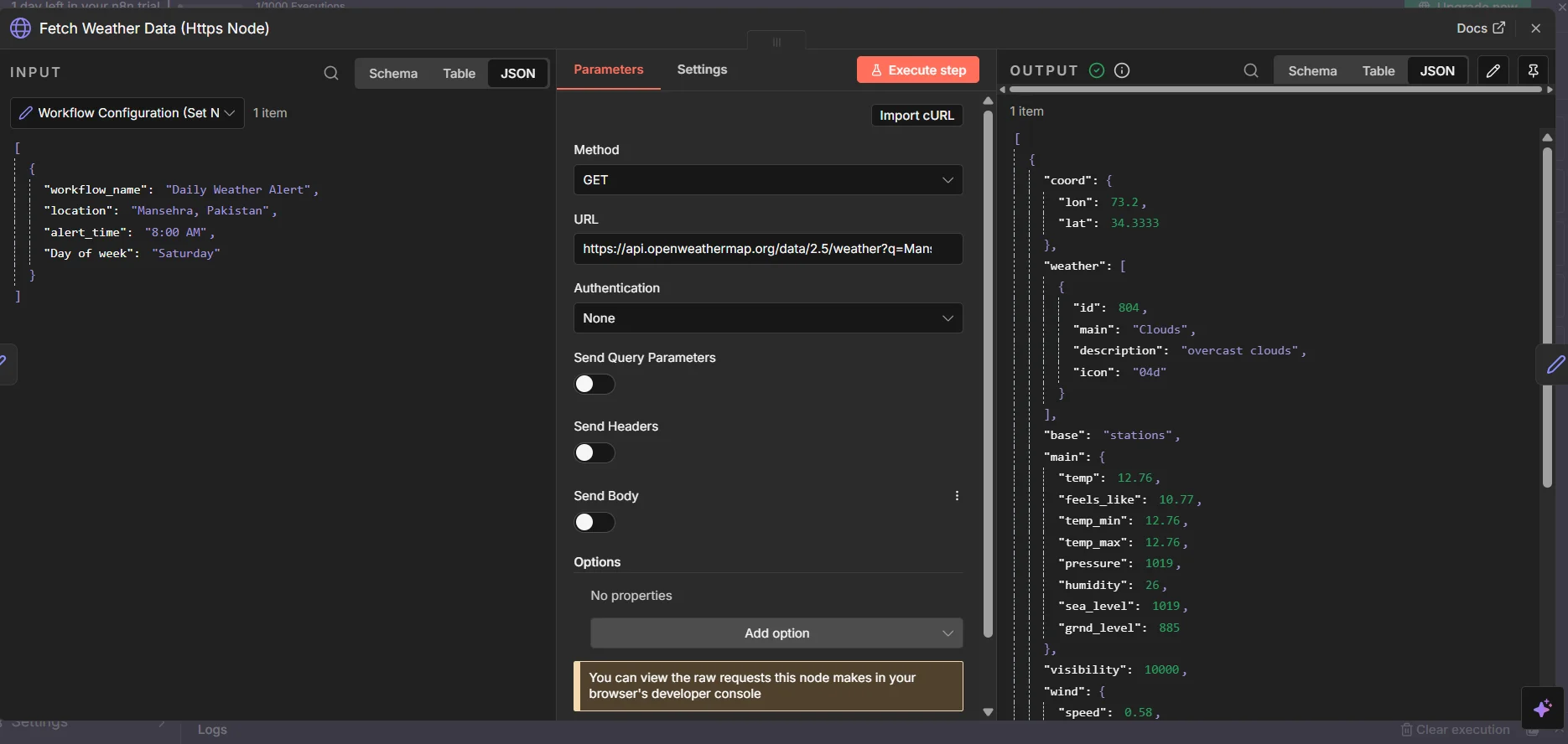 n8n HTTP request node fetching weather data from OpenWeatherMap API with query parameters for location and units