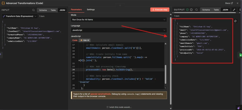 n8n Code node output showing newly calculated fields including email domain extraction, name initials, processing timestamp, and validation status