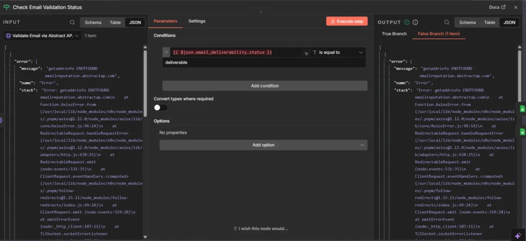 n8n IF node configuration showing condition to check email deliverability status using expression {{ $json.email_deliverability.status }} equals deliverable for conditional workflow routing