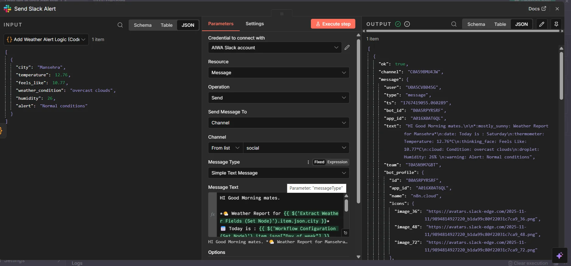 n8n Slack node showing formatted weather report message template with dynamic expressions for temperature, humidity, and conditions